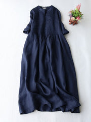 Lovevop Elegant Pleated Loose Cotton Linen Dress
