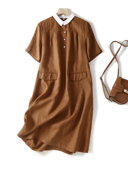 Lovevop Literary Retro Cotton Linen Polo Dress