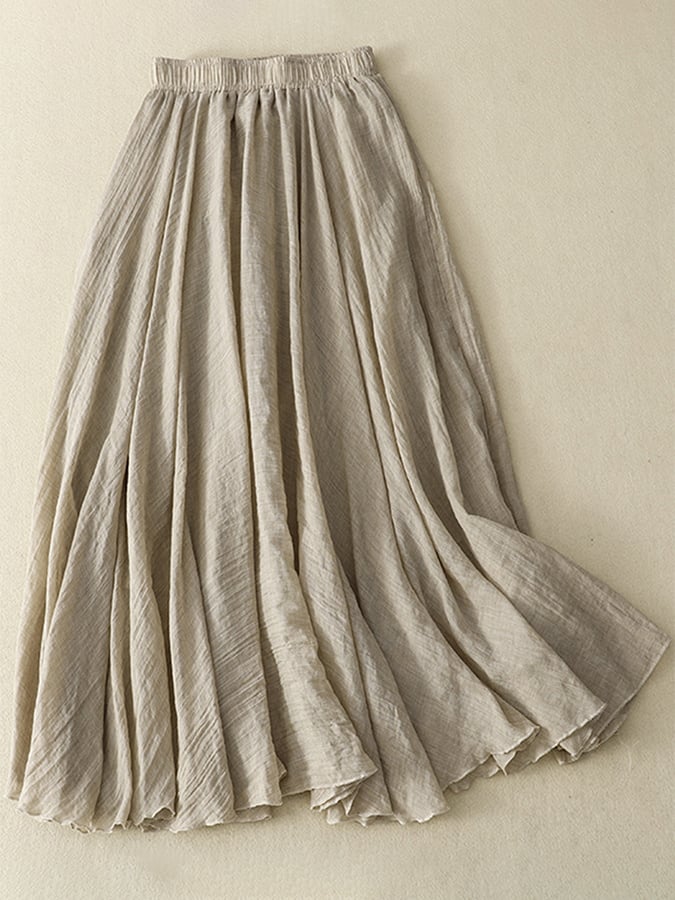 Lovevop Cotton Linen Elastic Waist Casual Swing Skirt