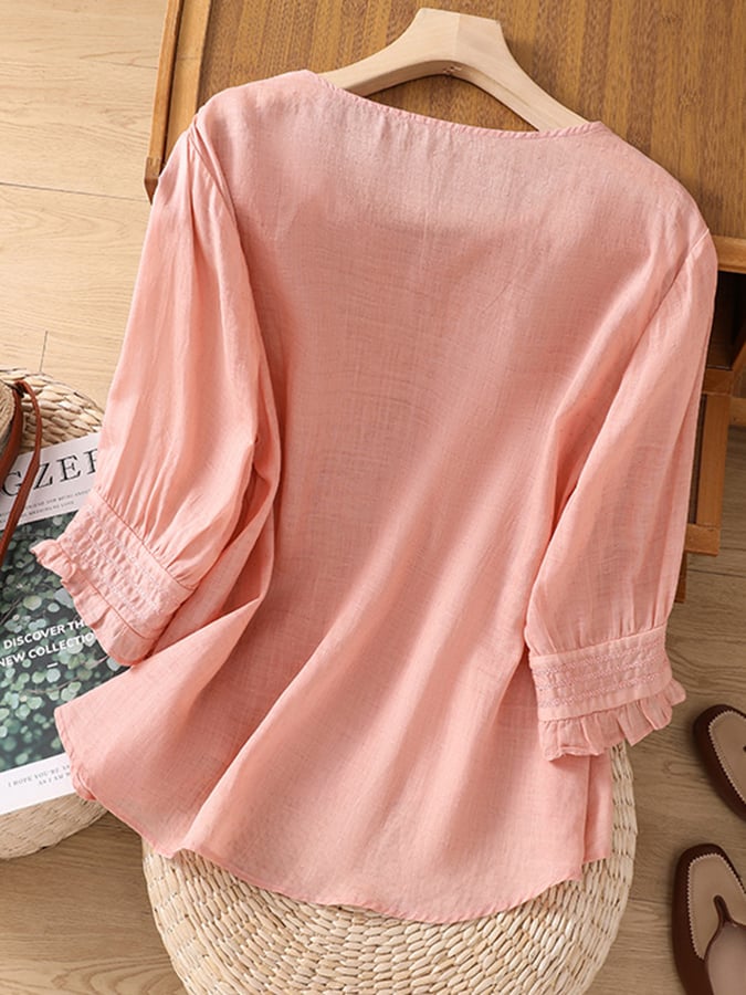 Lovevop Cotton Fashion Embroidered Round Neck Loose Shirt