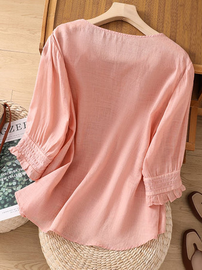 Lovevop Cotton Fashion Embroidered Round Neck Loose Shirt