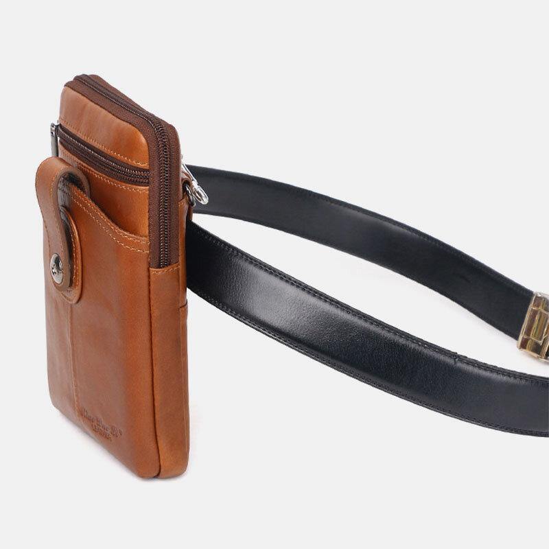 lovevop Men Genuine Leather Vintage Multifunctional 6.5 Inch Zipper Hasp Phone Bag Crossbody Bag Waist Bag