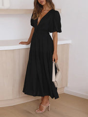 Women'S V-Neck Puff Sleeve Solid Color Layered Dress