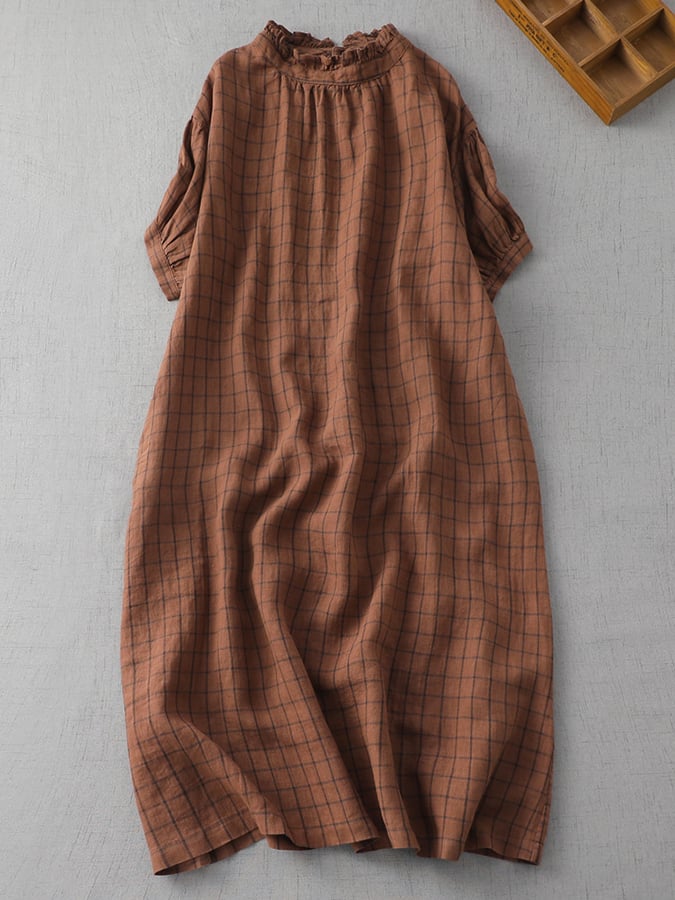 Lovevop Cotton And Linen Plaid Loose Standing Neck 3/4 Sleeve Dress