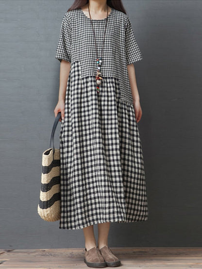 Lovevop Loose Plaid Pocket Short Sleeved Dress