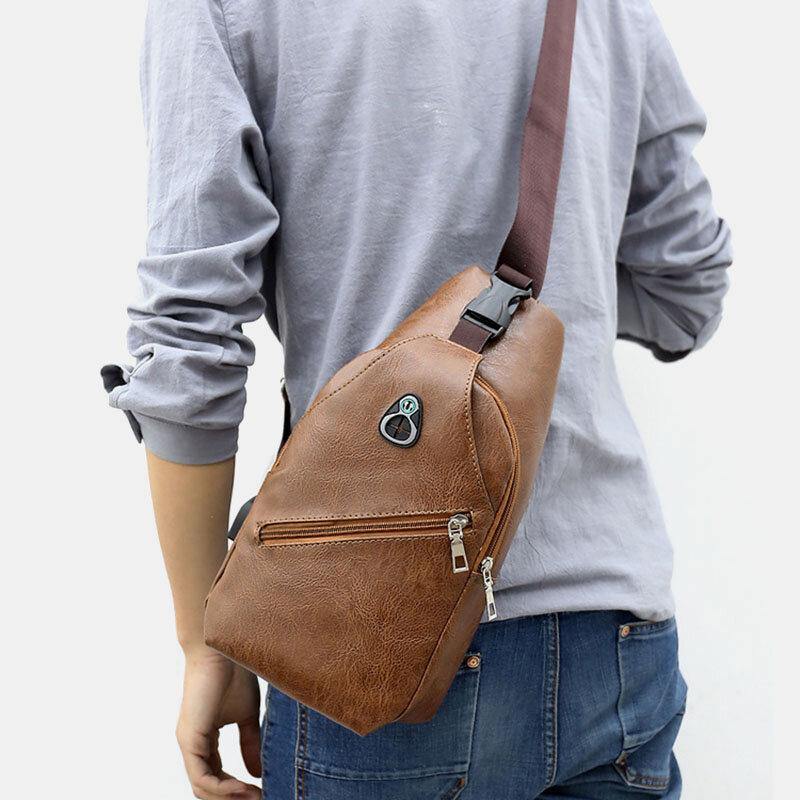 lovevop Men Faux Leather USB Charging Earphone Travel Retro Business Chest Bag Crossbody Bag