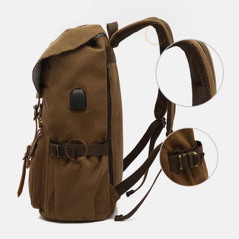 lovevop Men Genuine Leather And Canvas USB Charging Retro Travel Outdoor Large Capacity Backpack