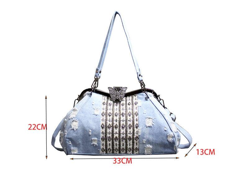 lovevop Light Blue Denim Butterfly Clip Diamond Crossbody Bag