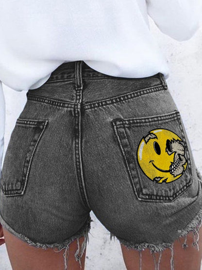 Smiley Print Hip Sexy Denim Shorts