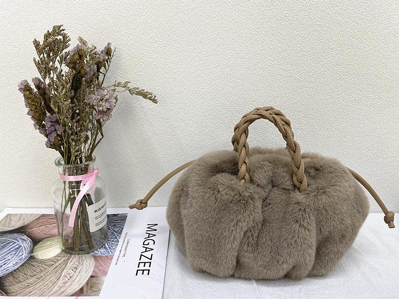 lovevop Leather Mink Fur Pleated Cloud Bag