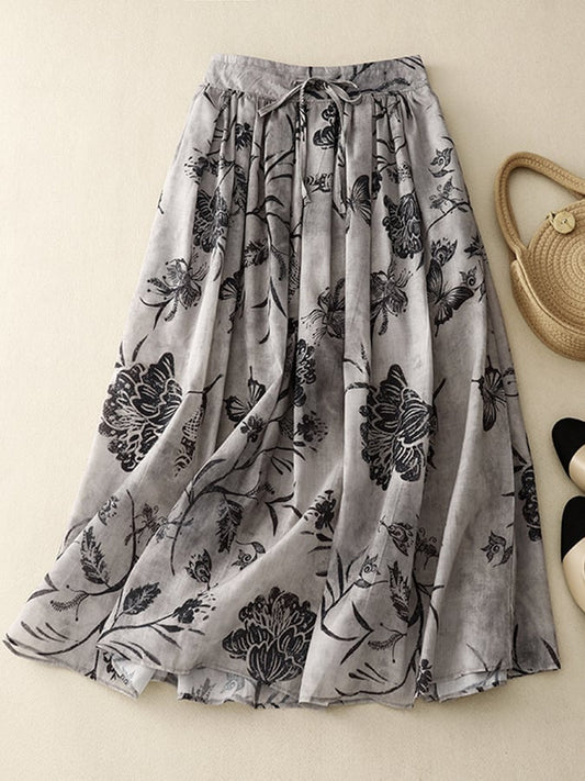 Lovevop Botanical Floral Print Tie Loose Skirt