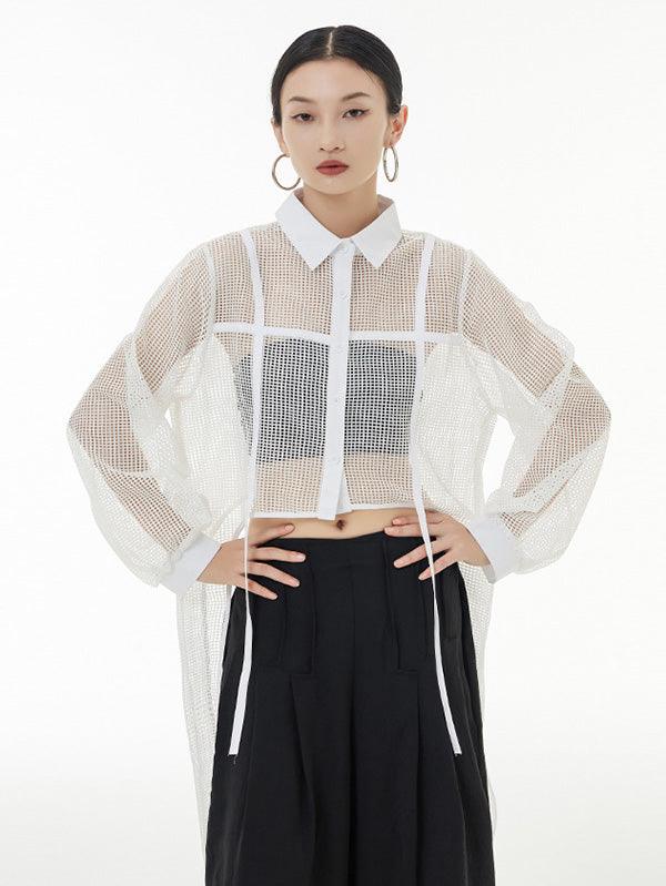 lovevop Stylish Long Sleeves Loose Mesh See-Through Sun Protection Blouses&Shirts Tops