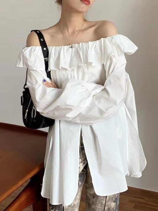 lovevop Off-Shoulder Ruffled Slit Long Sleeve Shirt