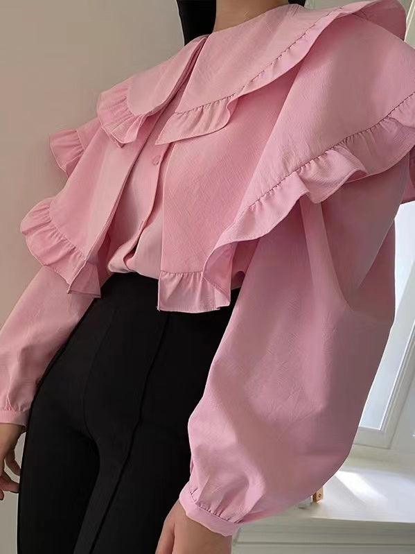 lovevop Pink Ruffle Puff Sleeve Shirt