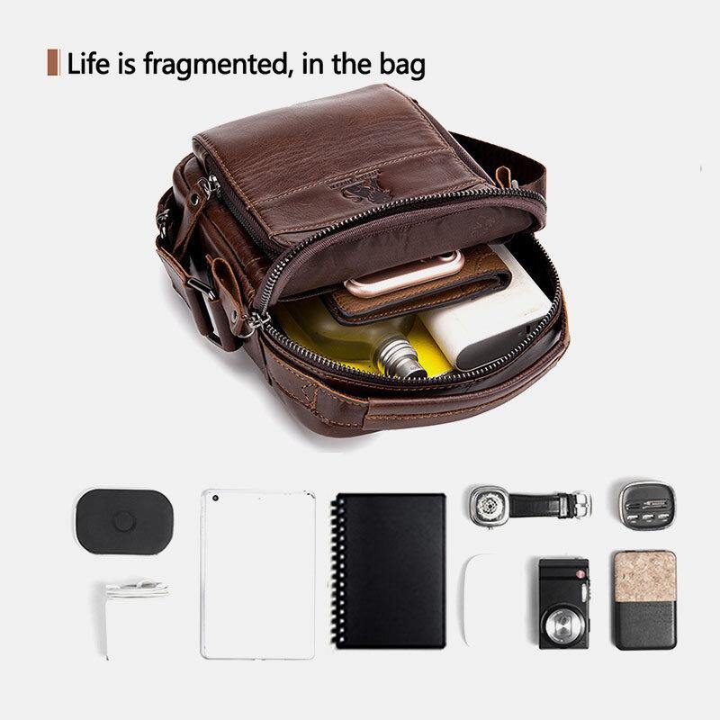 lovevop Men Genuine Leather Multifunction Multi-Pocket Waterproof Crossbody Bag Shoulder Bag