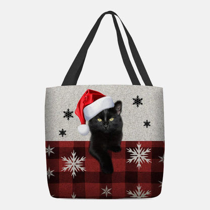 lovevop Women Felt Cute Cartoon Festive Christmas Dressed Cat Snowflake Pattern Shoulder Bag Handbag Tote