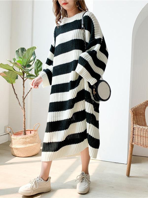 lovevop Stylish Loose Striped Round-Neck Sweater Dresses