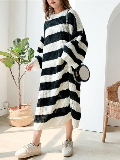 lovevop Stylish Loose Striped Round-Neck Sweater Dresses