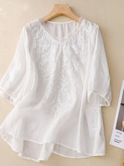 Lovevop Cotton Retro Embroidered Solid Color Shirt