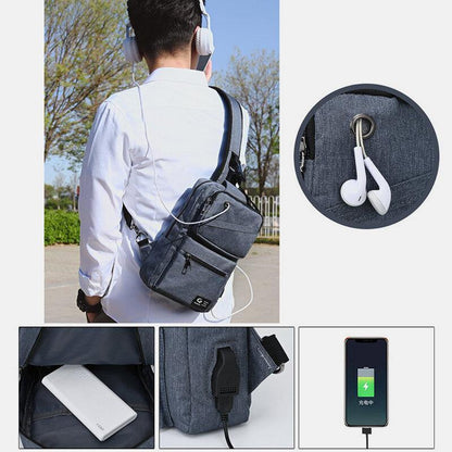 lovevop Men Large Capacity USB Chargeable Hole Headphone Hole Waterproof Chest Bags Shoulder Bag Crossbody Bags