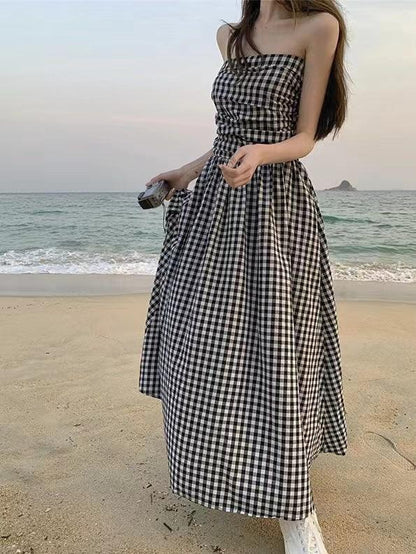 lovevop Strapless Pleated Plaid Long Dress