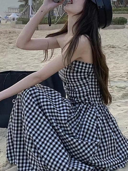 lovevop Strapless Pleated Plaid Long Dress