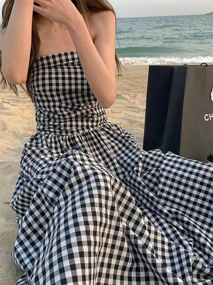 lovevop Strapless Pleated Plaid Long Dress