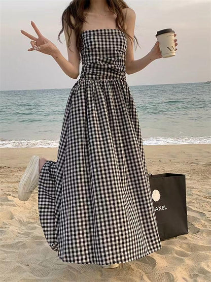 lovevop Strapless Pleated Plaid Long Dress