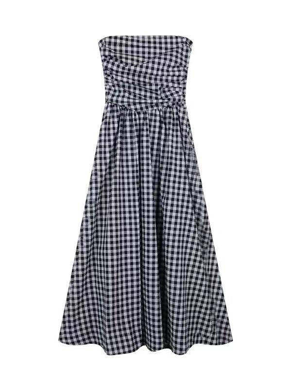 lovevop Strapless Pleated Plaid Long Dress