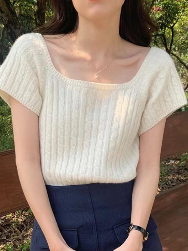 lovevop Square-Neck Braided Cropped Short Sleeves Knitting Shirt