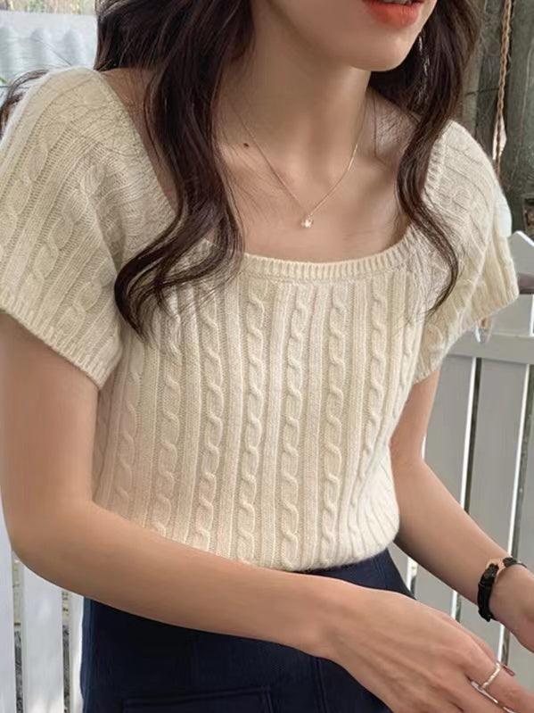 lovevop Square-Neck Braided Cropped Short Sleeves Knitting Shirt