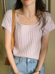 lovevop Square-Neck Braided Cropped Short Sleeves Knitting Shirt