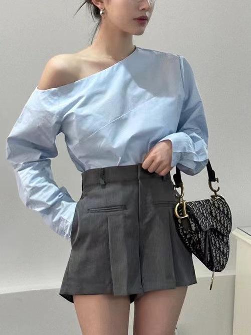 lovevop Lrregular Long-Sleeved Shirt + High-Waisted Wide-Leg Shorts