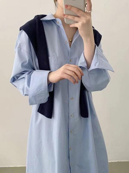 lovevop Lapel-Collar Single-Breasted Long Shirt Dress