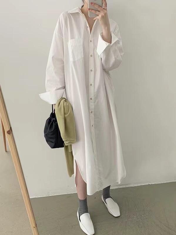 lovevop Lapel-Collar Single-Breasted Long Shirt Dress