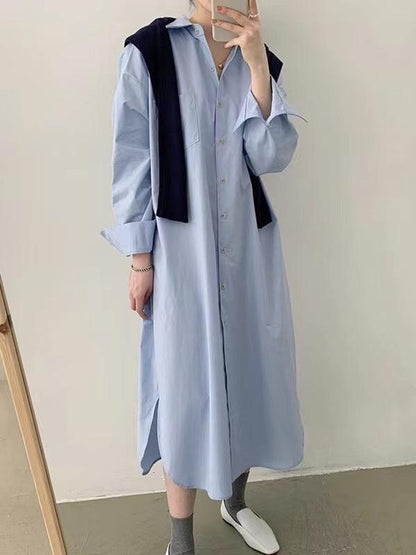 lovevop Lapel-Collar Single-Breasted Long Shirt Dress