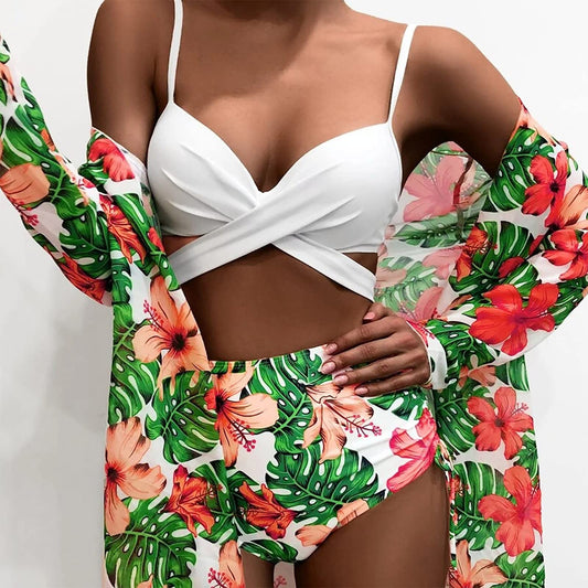 Tropical Twist Front High Waisted Three Piece Swimsuit