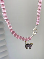 lovevop Original Cat Silver Pink Opal Necklace