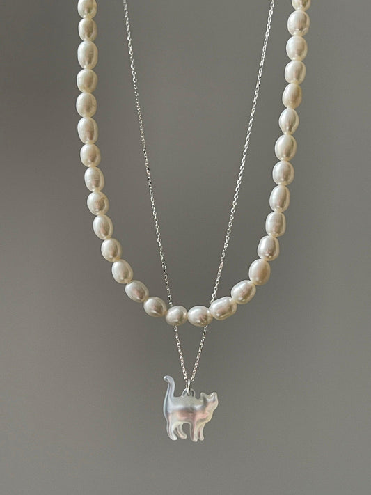lovevop Original Cat&Pearl Stack Silver Necklace
