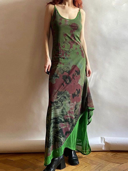 lovevop Vintage Green Irregular Slip Long Dress