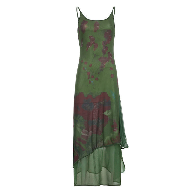 lovevop Vintage Green Irregular Slip Long Dress