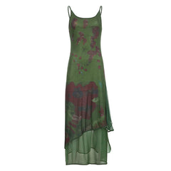 lovevop Vintage Green Irregular Slip Long Dress