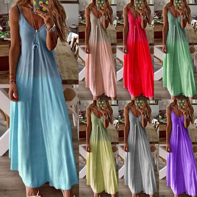 Summer V-neck solid color gradient casual dress