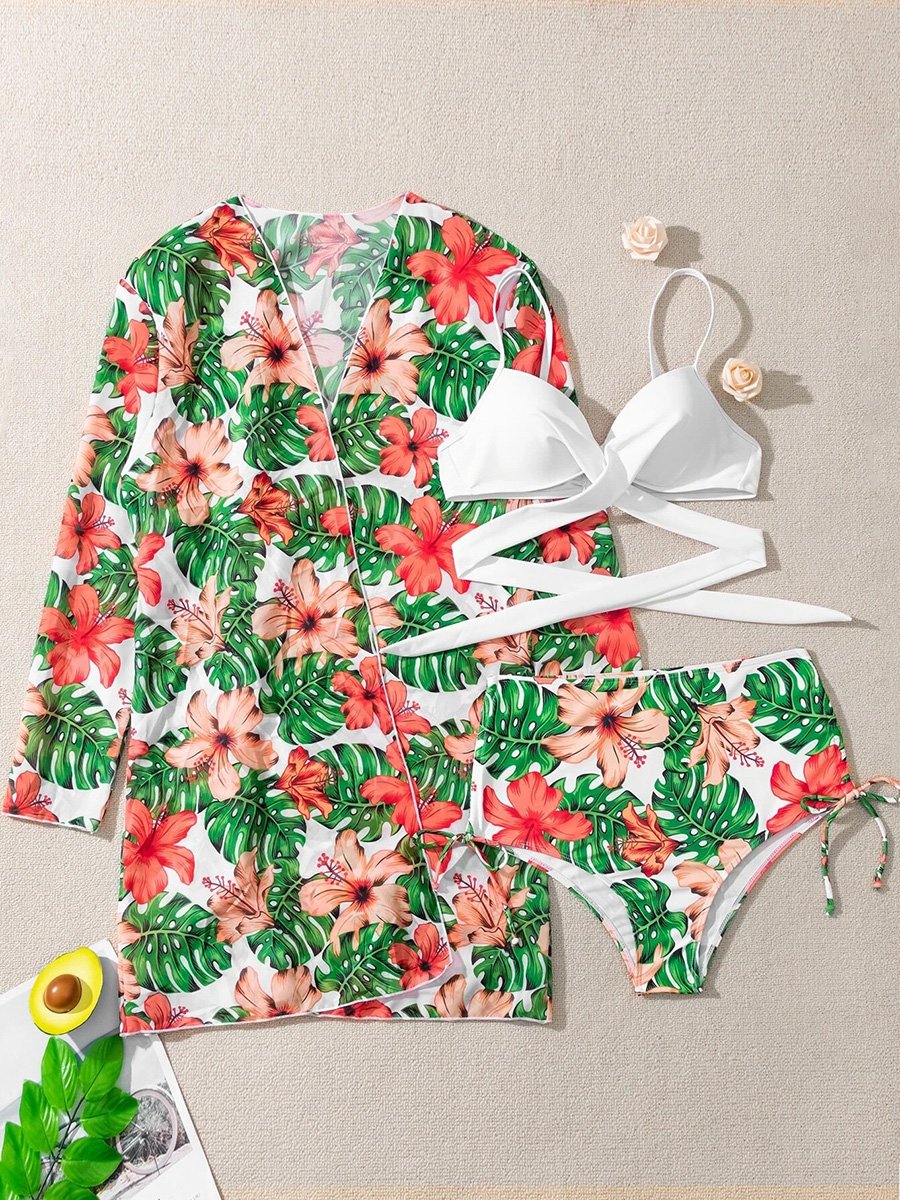 Three Piece Bikini Printed Sunscreen Cover Split High Waisted Swimsuit