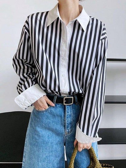 lovevop Simple Long Sleeves Contrast Color Striped Lapel Blouse Top