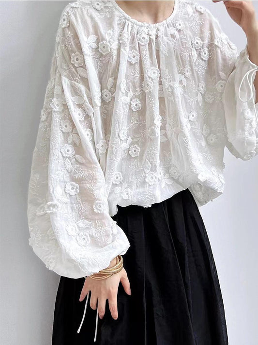 lovevop Lace Three-Dimensional Embroidery Flower Small Shirt