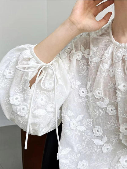 lovevop Lace Three-Dimensional Embroidery Flower Small Shirt