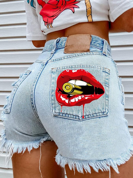 Sexy Denim Shorts With Lip Print Buttocks