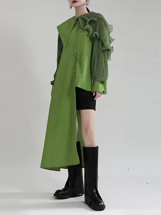 lovevop Uneven Paneled Pleated Long-Sleeved Shirt