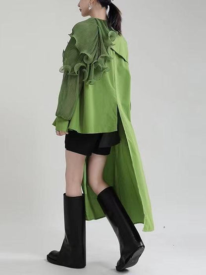 lovevop Uneven Paneled Pleated Long-Sleeved Shirt